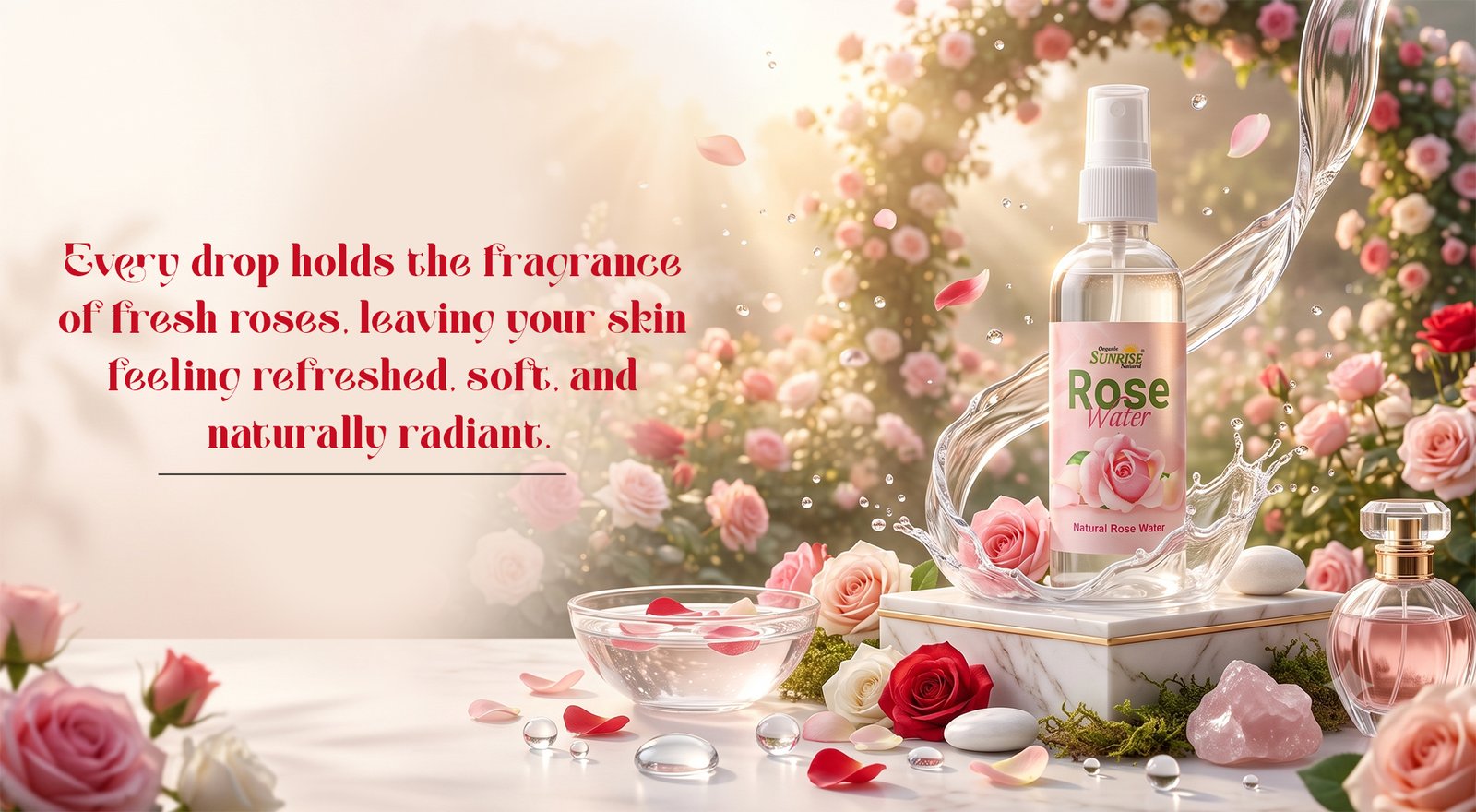 Rose Water Toner – Natural Skin Hydration, Glow & Pore Tightening Mist | Sunrise Agriland Rose Water Toner – Natural Skin Hydration, Glow & Pore Tightening Mist | Sunrise Agriland